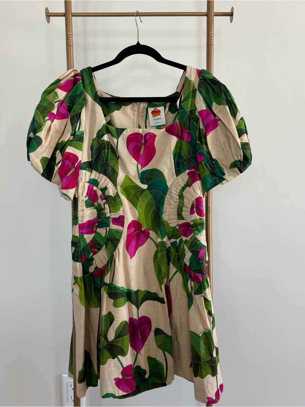 FARM Rio Cream Mini Dress with Green Leaves & Magenta Floral Print